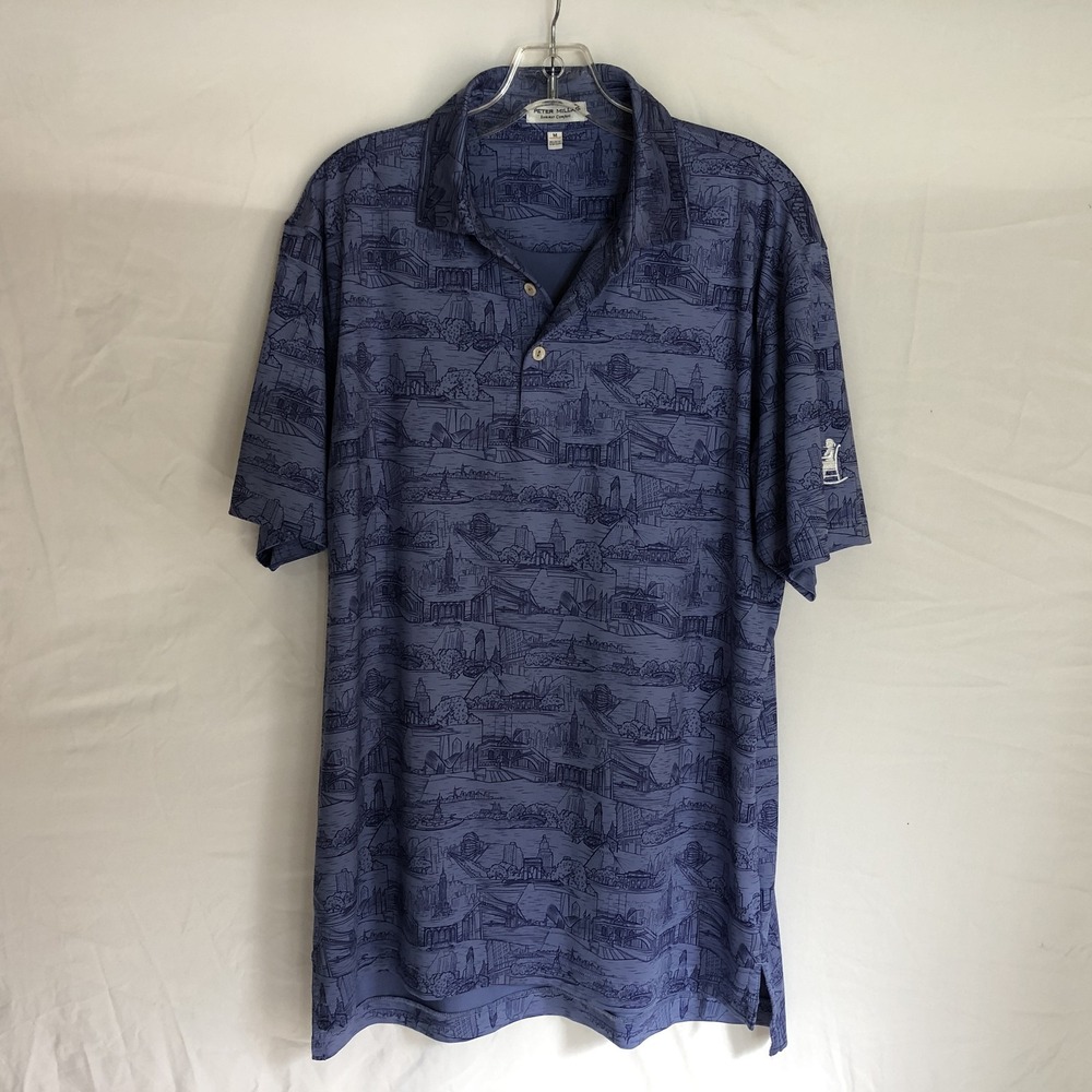 Peter Millar Polo Shirt Mens Medium Blue Summer Comfort City Graphic Print Golf